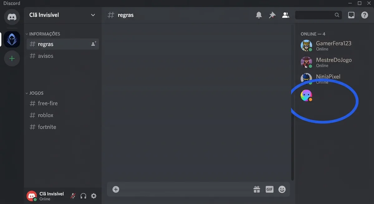 Servidor do Discord com a lista de membros online e um membro sem nome visível ao lado do avatar