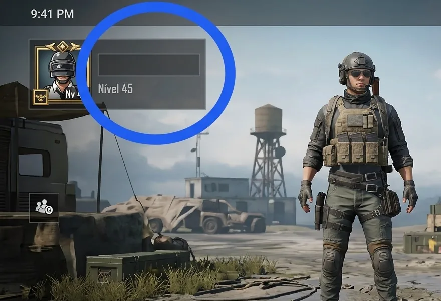 Lobby do PUBG Mobile com o nick do jogador em branco ao lado do avatar, só com o nível 45