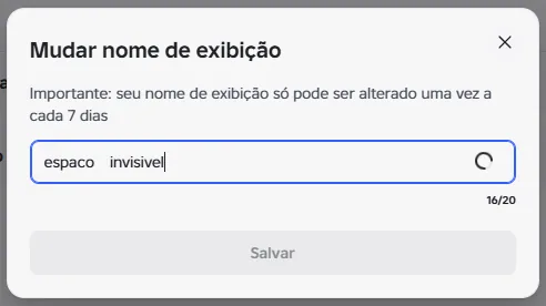 Janela Mudar nome de exibição do Roblox com o espaço invisível entre as palavras espaco e invisivel, 16 de 20 caracteres